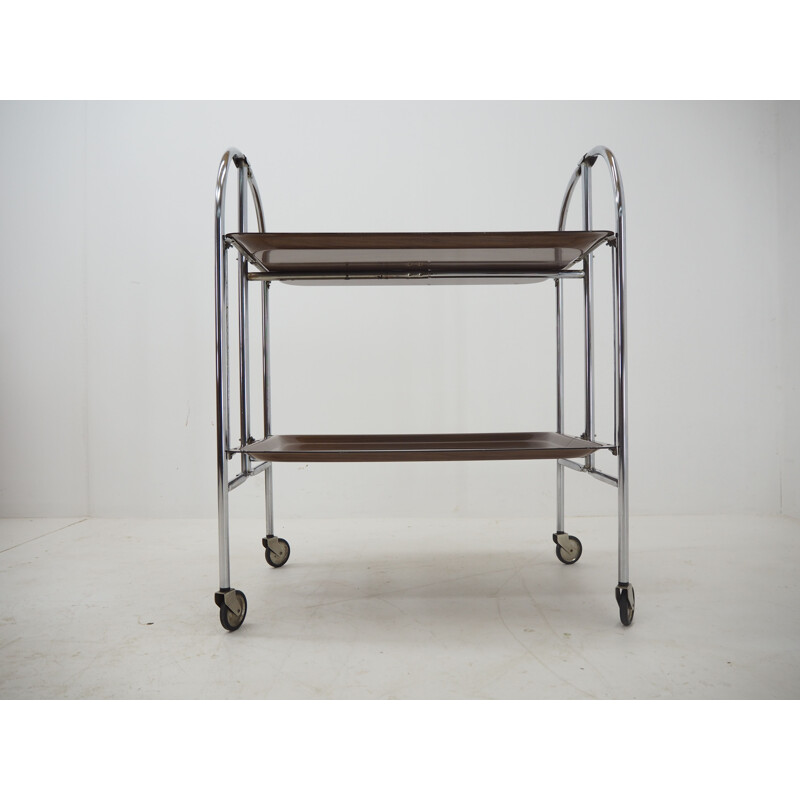 Midcentury Chrome and Laminated Wood Folding Serving Trolley, 1950s