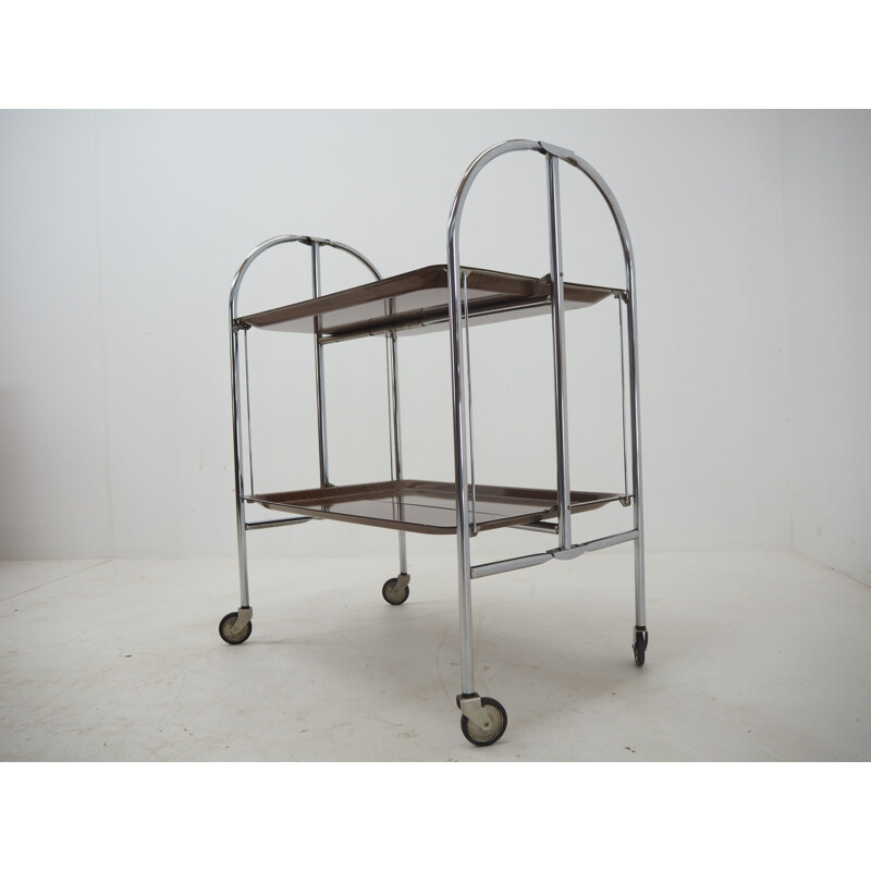 Midcentury Chrome and Laminated Wood Folding Serving Trolley, 1950s