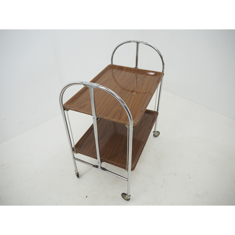 Midcentury Chrome and Laminated Wood Folding Serving Trolley, 1950s