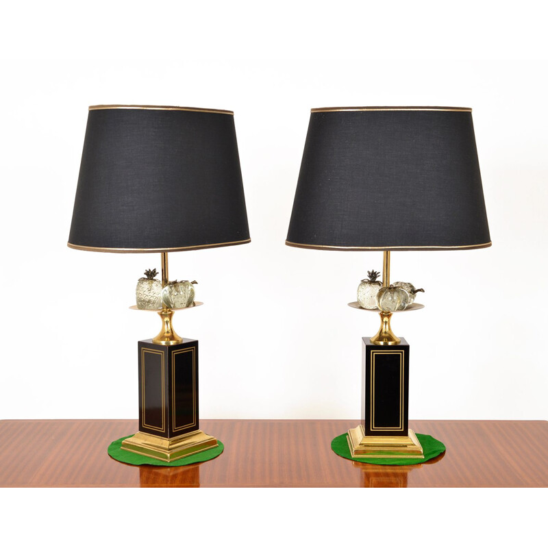 Pair of vintage Table Lamps Hollywood Regency  Maison Charles Pineapple Fruit French 1960s