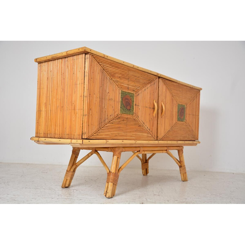 Vintage highboard in wood and rattan marrow 1950