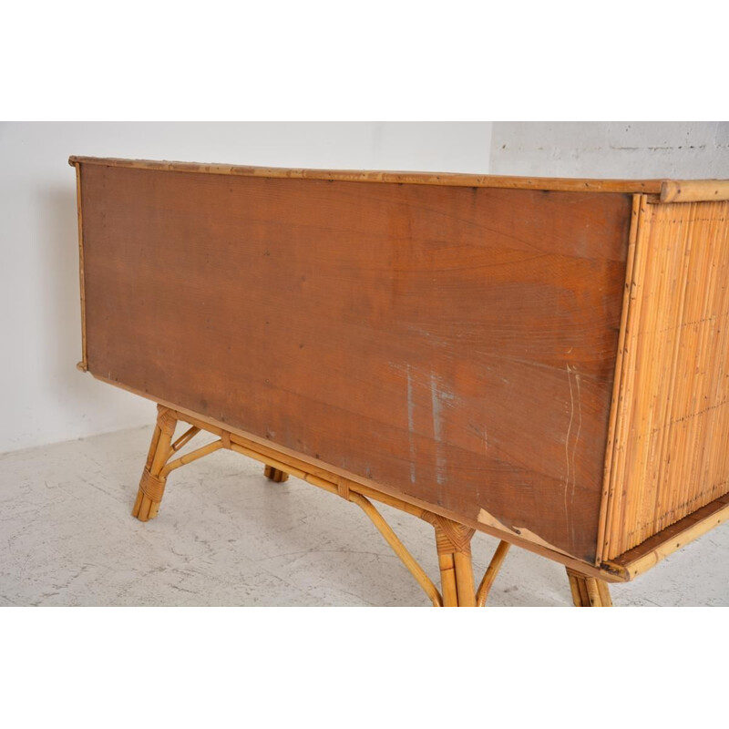 Buffet vintage en bois et moelle de rotin 1950