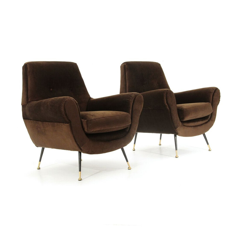 Paar vintage bruin fluwelen fauteuils, Italië 1960