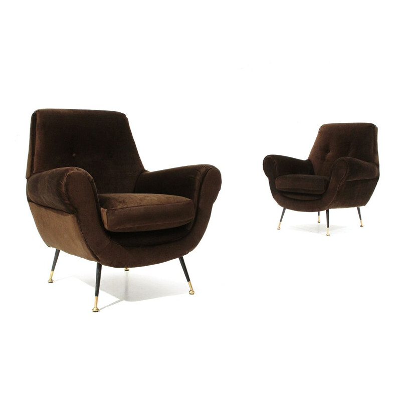 Paar vintage bruin fluwelen fauteuils, Italië 1960