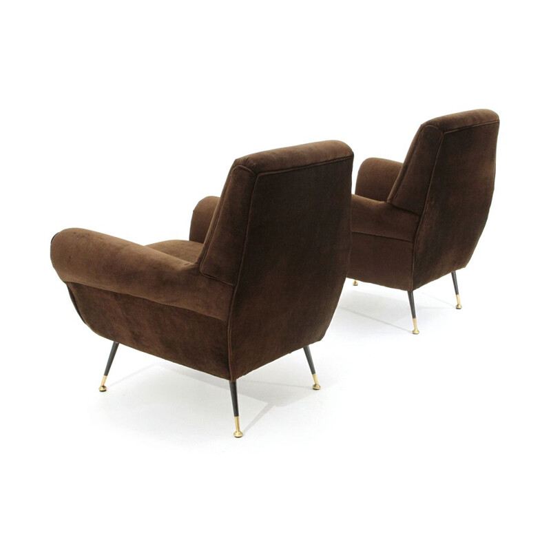 Paar vintage bruin fluwelen fauteuils, Italië 1960