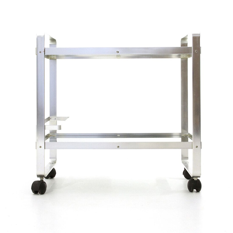 Vintage chrome-plated metal trolley with glass shelves 1970