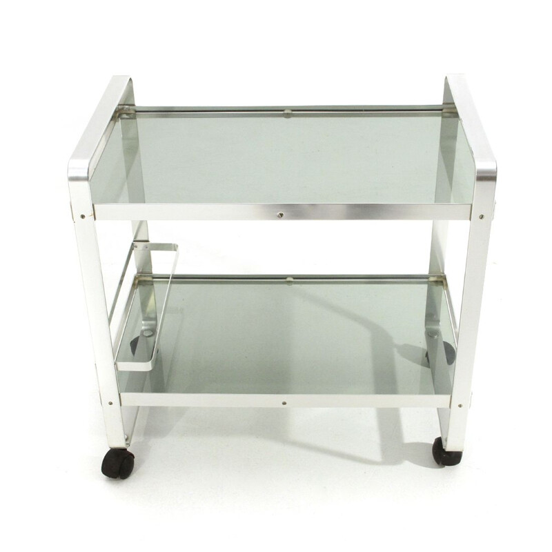 Vintage chrome-plated metal trolley with glass shelves 1970