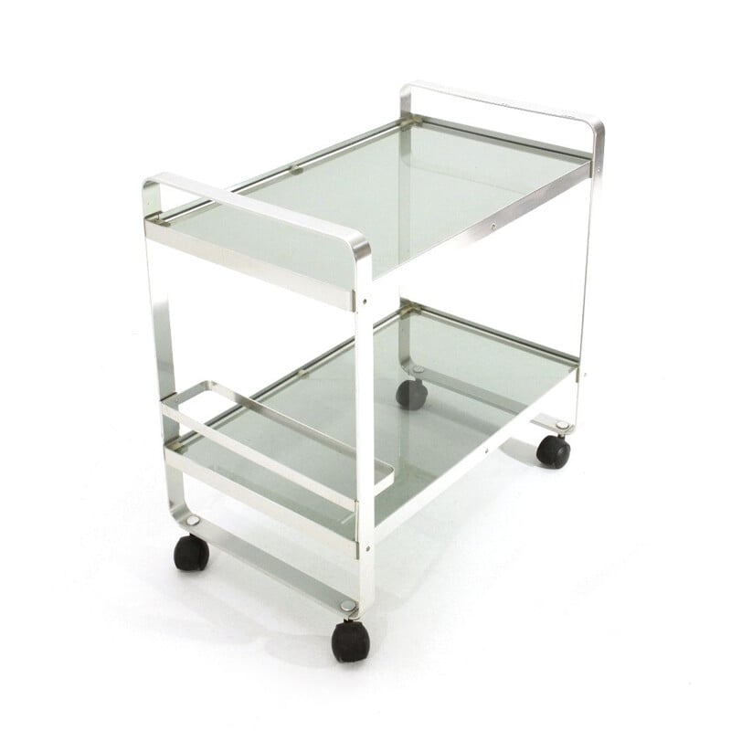 Vintage chrome-plated metal trolley with glass shelves 1970