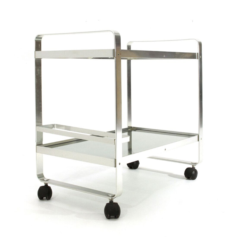 Vintage chrome-plated metal trolley with glass shelves 1970