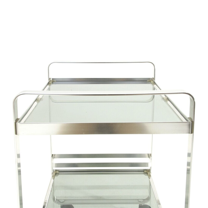 Vintage chrome-plated metal trolley with glass shelves 1970