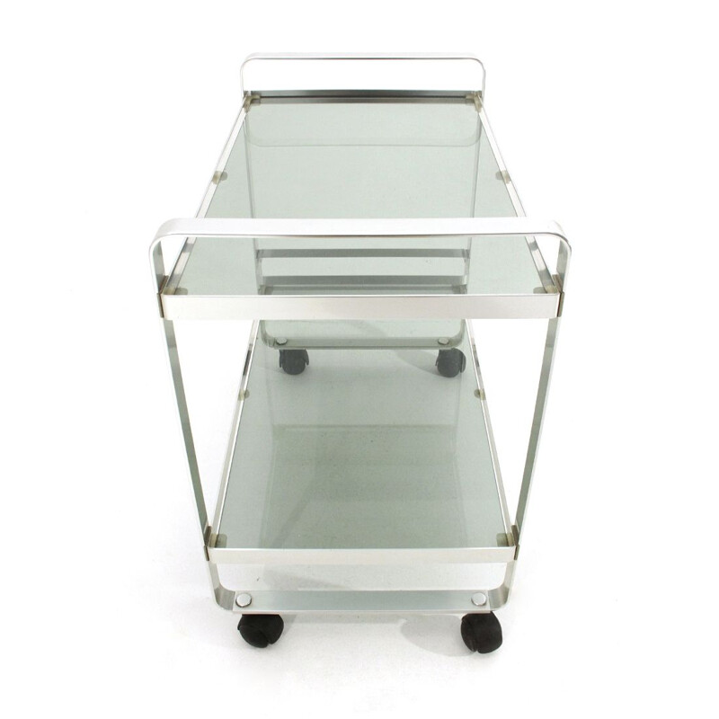Vintage chrome-plated metal trolley with glass shelves 1970