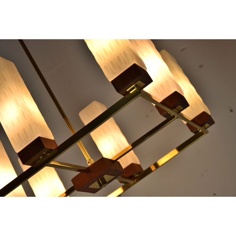 Vintage brass, teak and glass chandelier by Primat Kaiser 1960