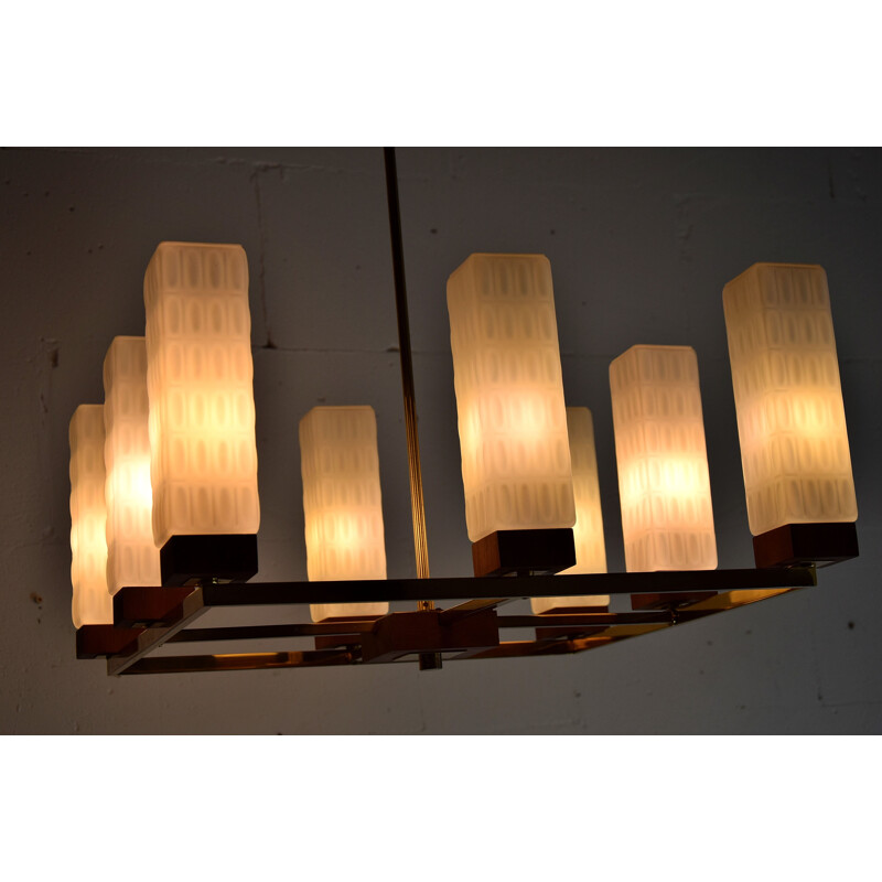 Vintage brass, teak and glass chandelier by Primat Kaiser 1960