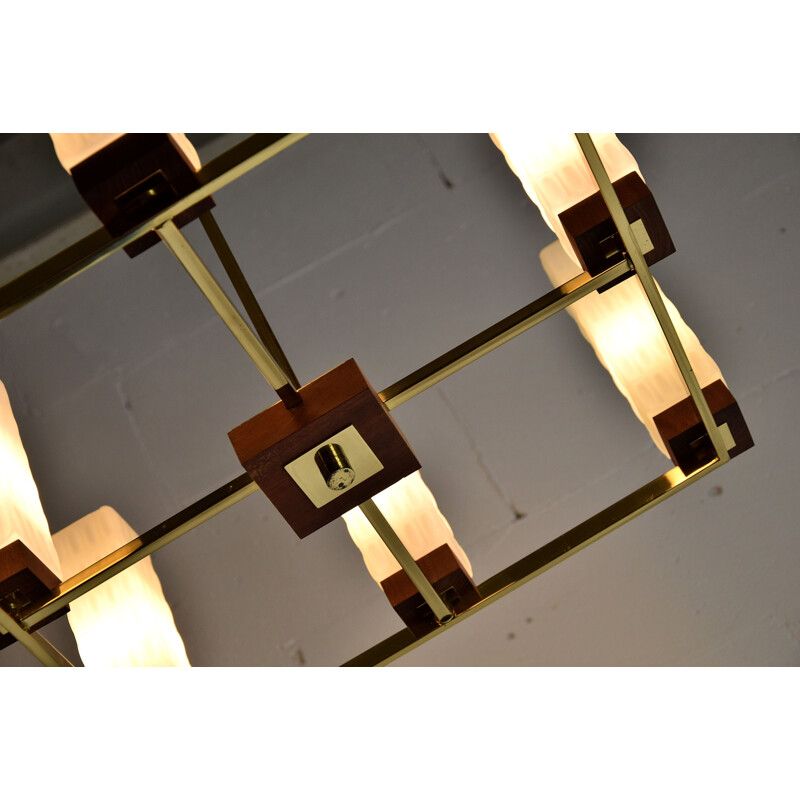 Vintage brass, teak and glass chandelier by Primat Kaiser 1960