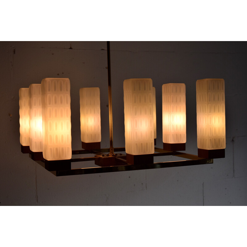 Vintage brass, teak and glass chandelier by Primat Kaiser 1960