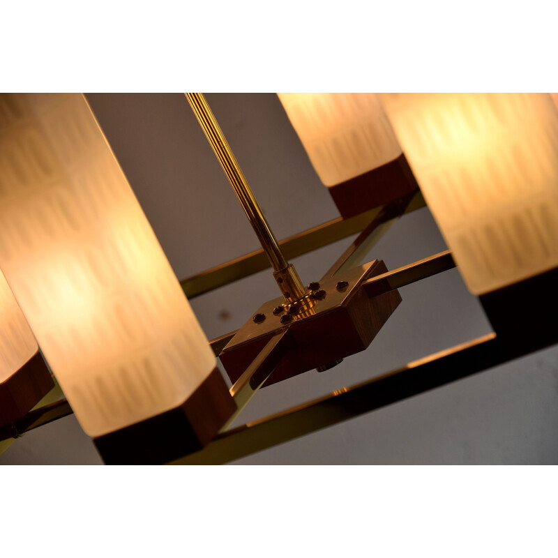 Vintage brass, teak and glass chandelier by Primat Kaiser 1960