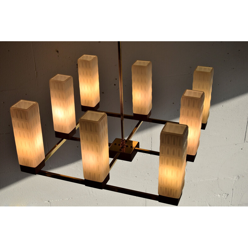 Vintage brass, teak and glass chandelier by Primat Kaiser 1960