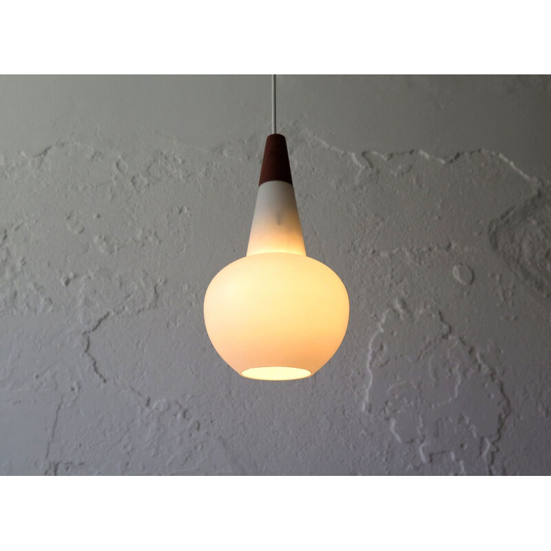 Vintage pendant lamp in opaline glass and teak, Denmark 1950