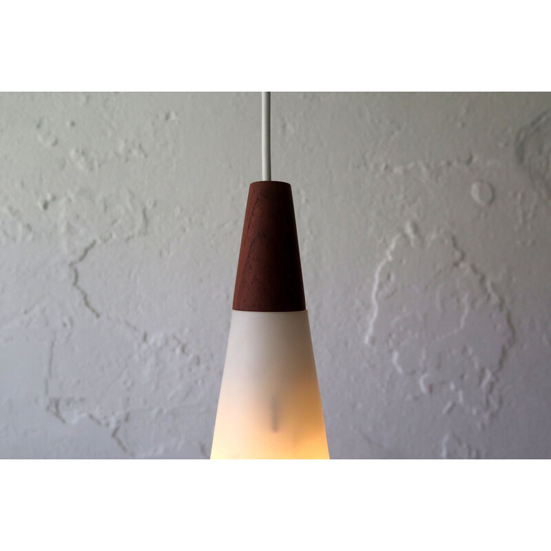 Vintage pendant lamp in opaline glass and teak, Denmark 1950