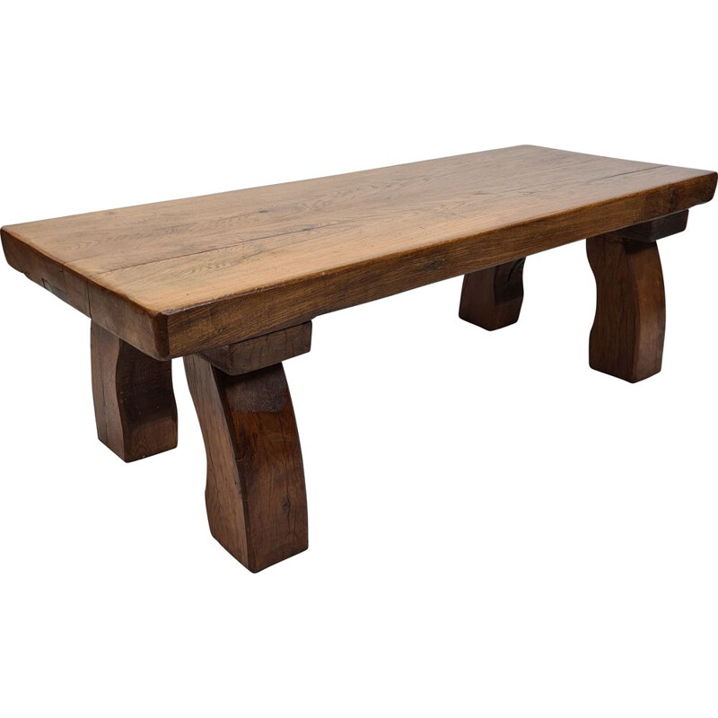 Vintage rectangular solid oak coffee table, rustic and sturdy with curved legs 1970