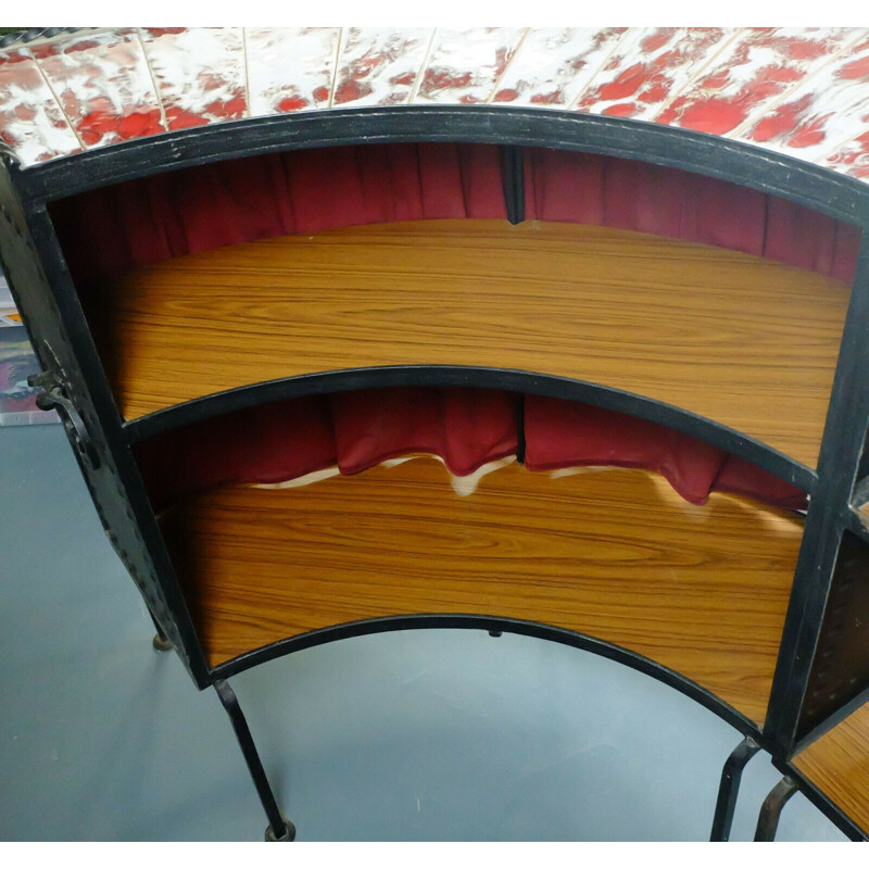 Large vintage bar with 4 wrought iron and ceramic stools 1960