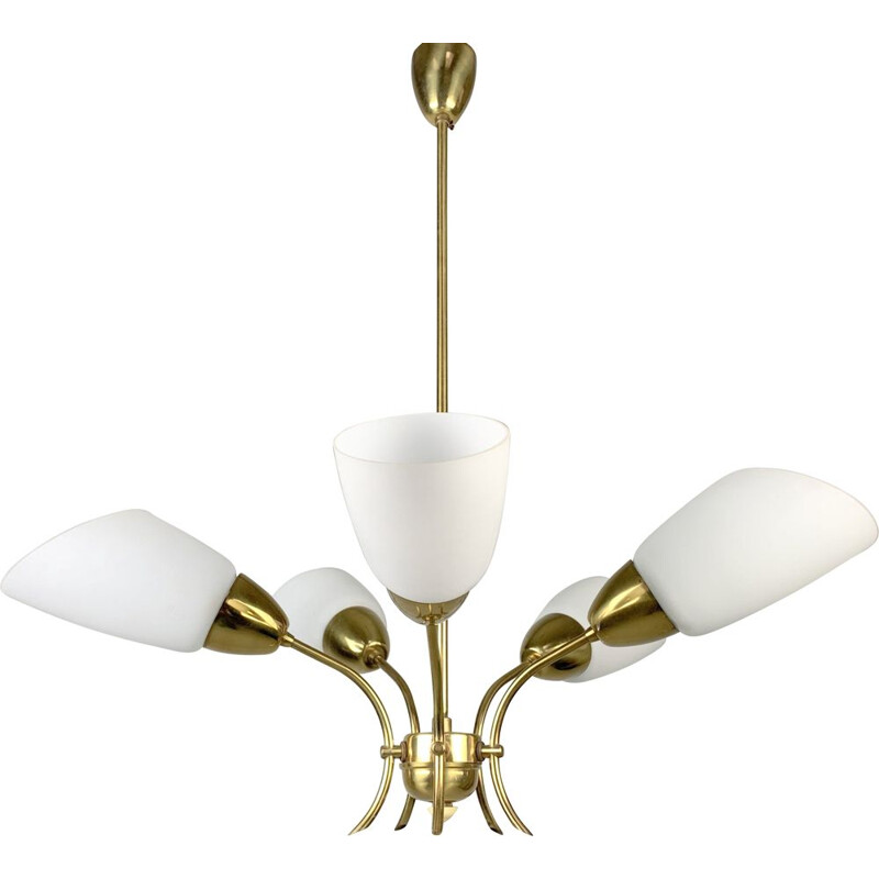 Vintage brass and white glass chandelier, Czechoslovakia 1980