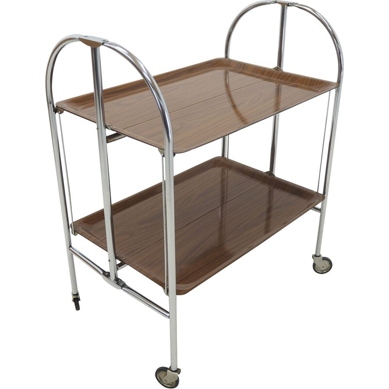 Midcentury Chrome and Laminated Wood Folding Serving Trolley, 1950s