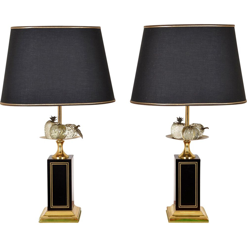 Pair of vintage Table Lamps Hollywood Regency  Maison Charles Pineapple Fruit French 1960s