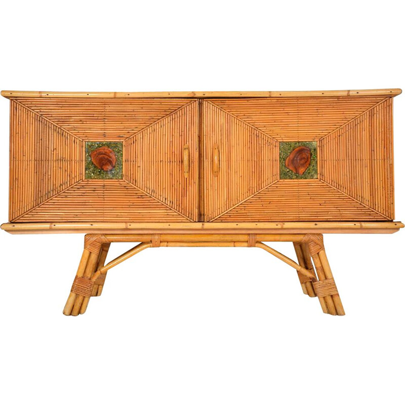 Vintage highboard in wood and rattan marrow 1950