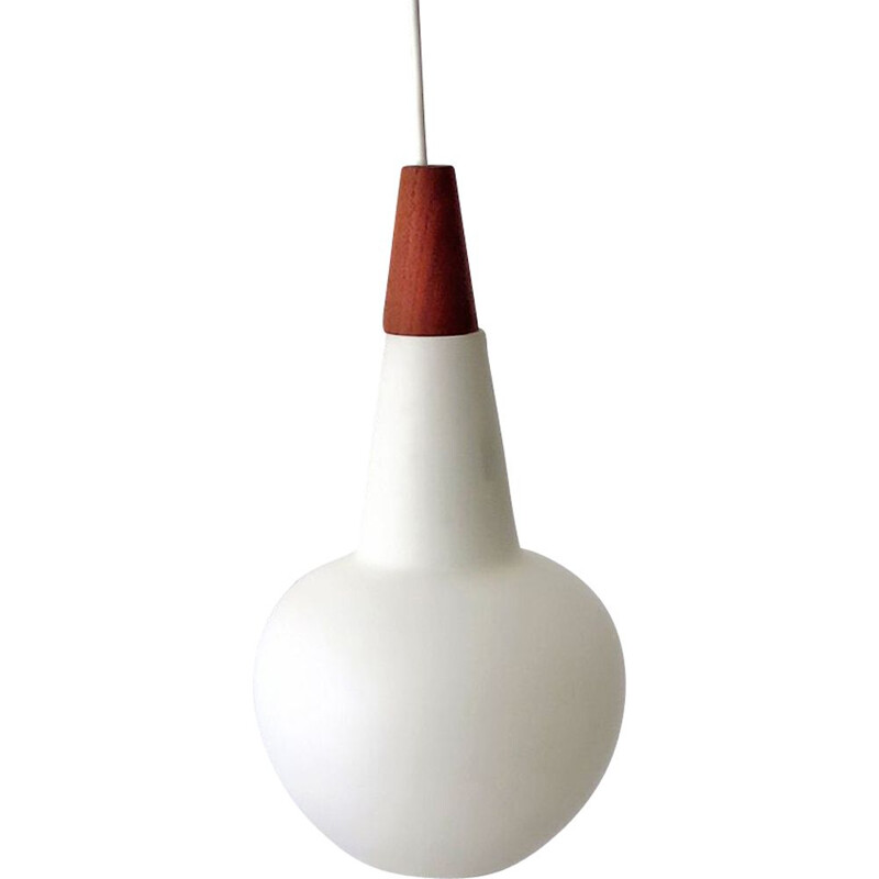 Vintage pendant lamp in opaline glass and teak, Denmark 1950