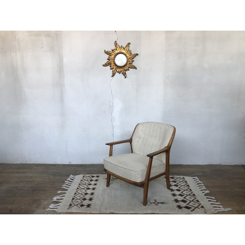 Vintage armchair in walnut and Scandinavian ecru fabric 1950s