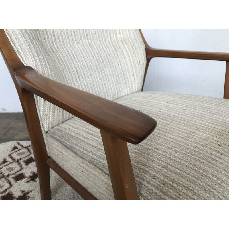 Vintage armchair in walnut and Scandinavian ecru fabric 1950s