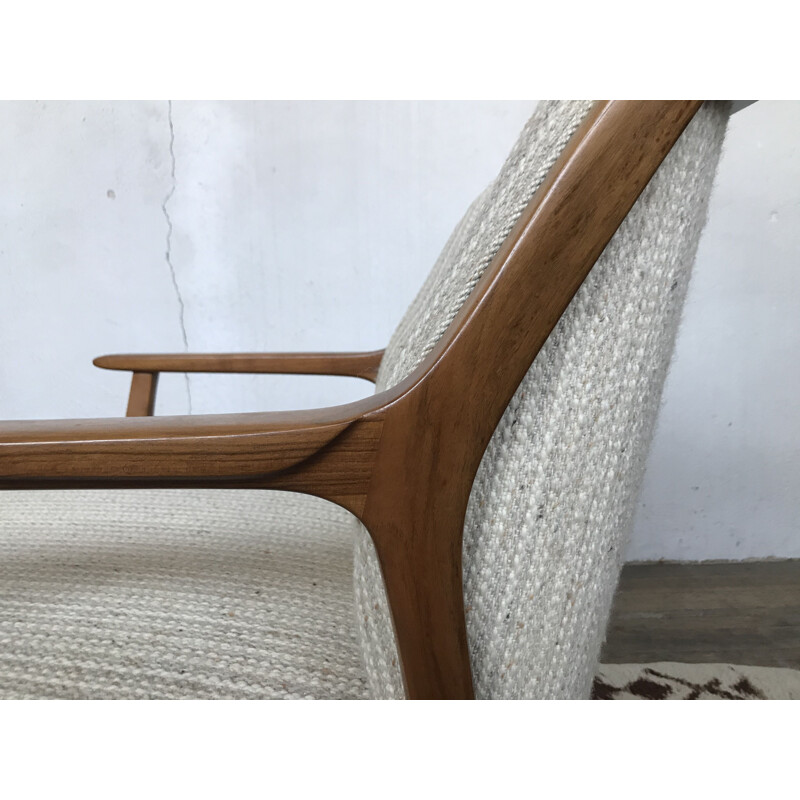 Vintage armchair in walnut and Scandinavian ecru fabric 1950s