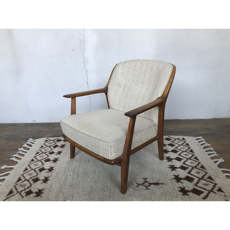 Vintage armchair in walnut and Scandinavian ecru fabric 1950s
