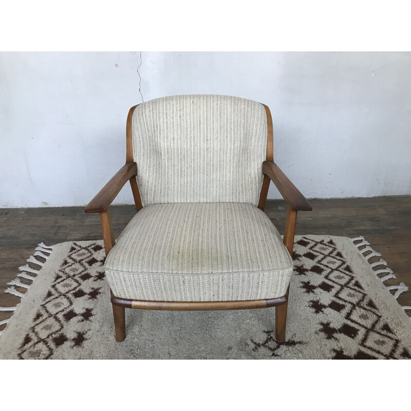 Vintage armchair in walnut and Scandinavian ecru fabric 1950s