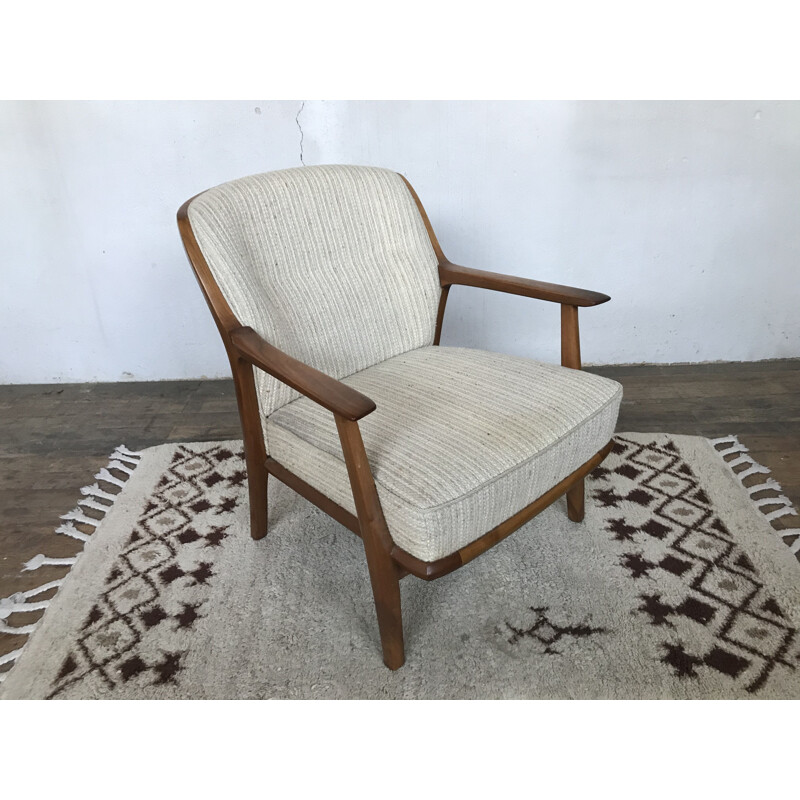 Vintage armchair in walnut and Scandinavian ecru fabric 1950s