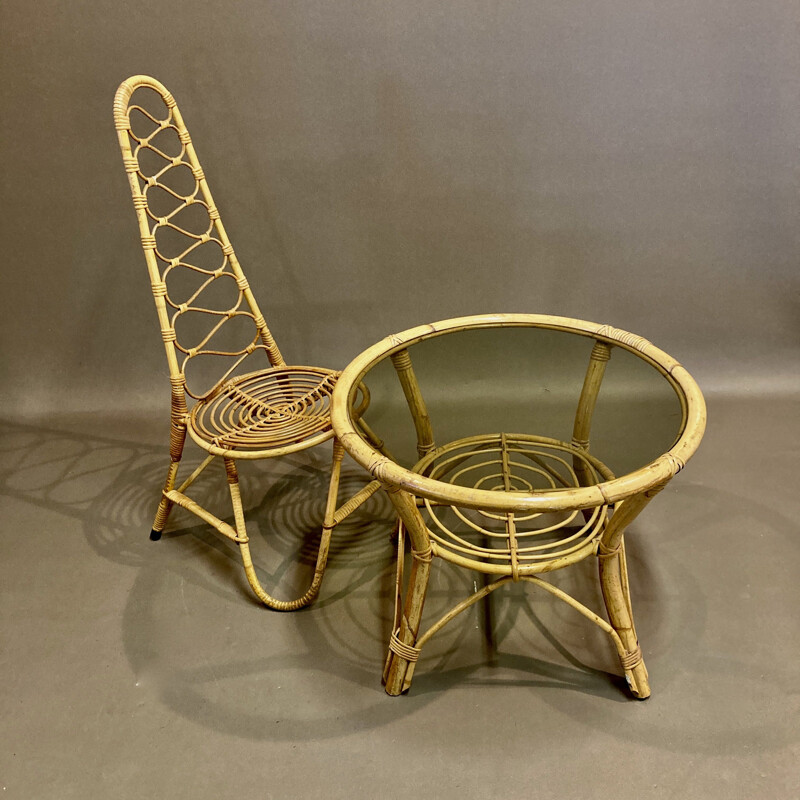 Vintage rattan chair and coffee table 1960s