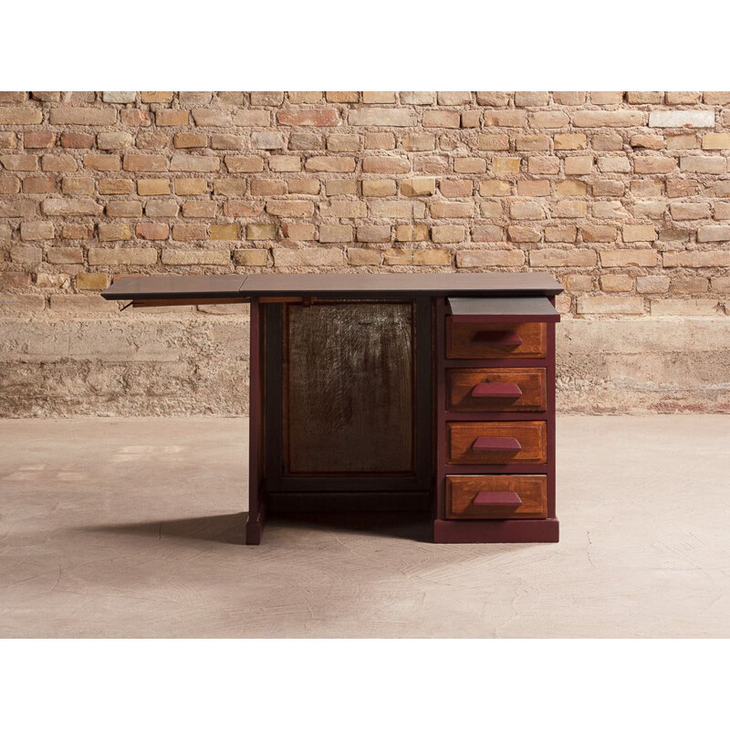 Bureau d'écolier vintage pour enfant avec abattant latéral en bois massif et valchromat, 1950