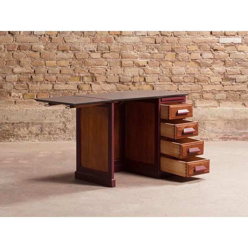 Bureau d'écolier vintage pour enfant avec abattant latéral en bois massif et valchromat, 1950