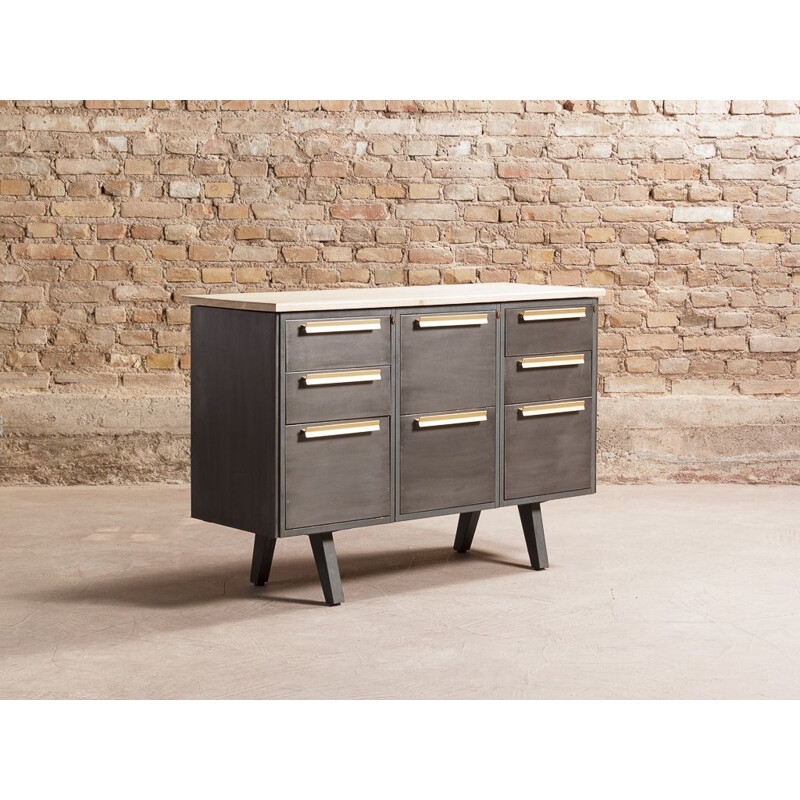 Vintage steel and solid oak sideboard 8 drawers 1970s