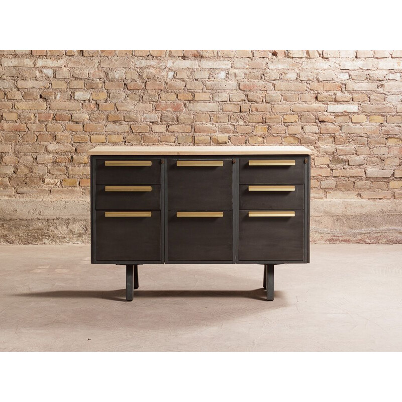 Vintage steel and solid oak sideboard 8 drawers 1970s