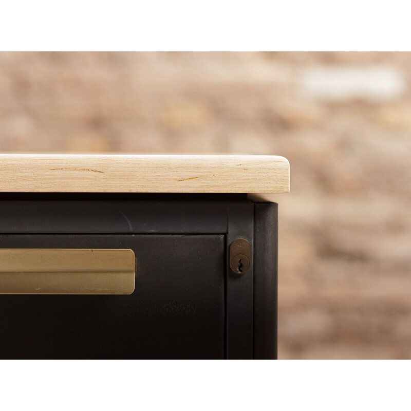 Vintage steel and solid oak sideboard 8 drawers 1970s