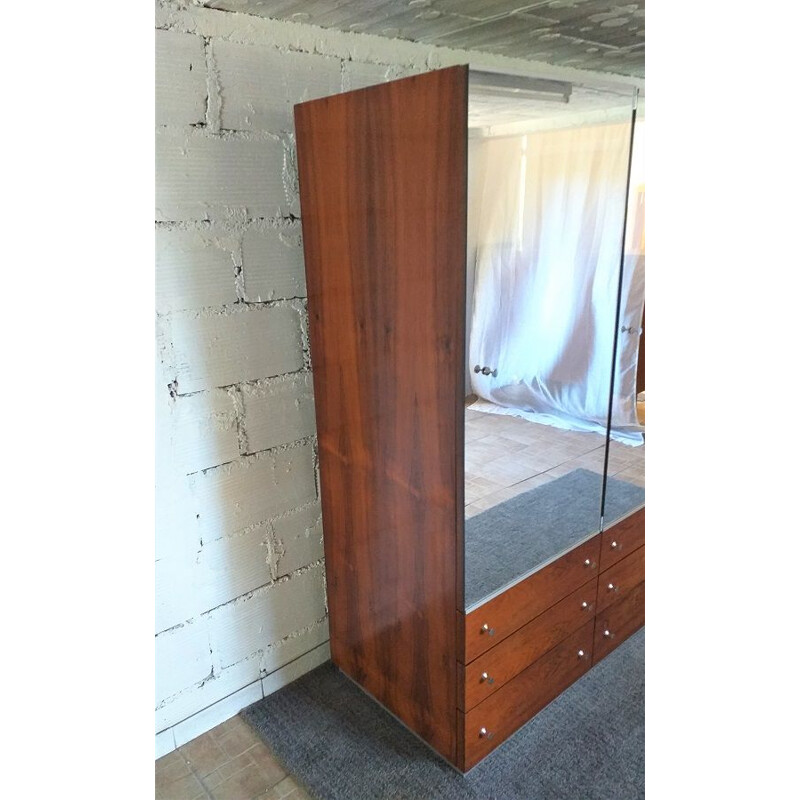 Vintage wardrobe in rosewood and mirrors by René-Jean Caillette France 1960