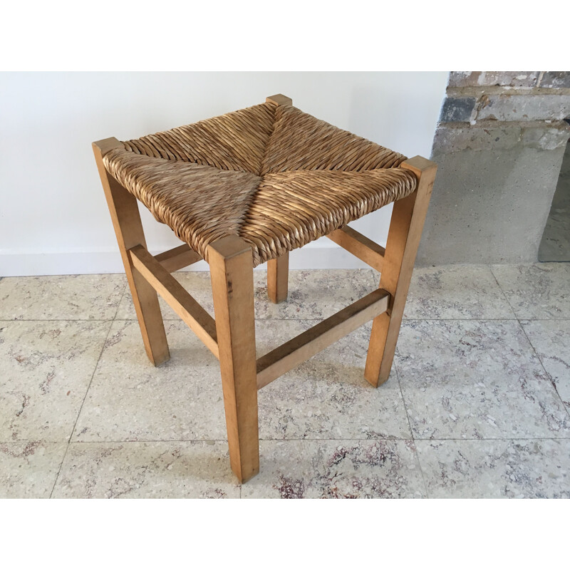 Tabouret vintage millésimé Géométrique en paille et Hêtre Massif