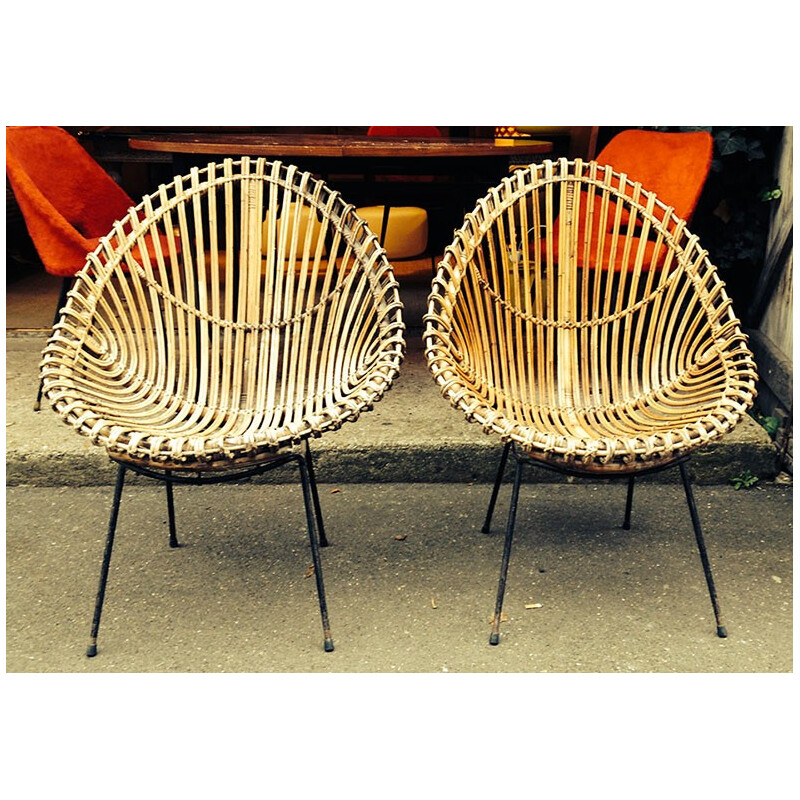 Paire de fauteuils vintage en rotin - années 50