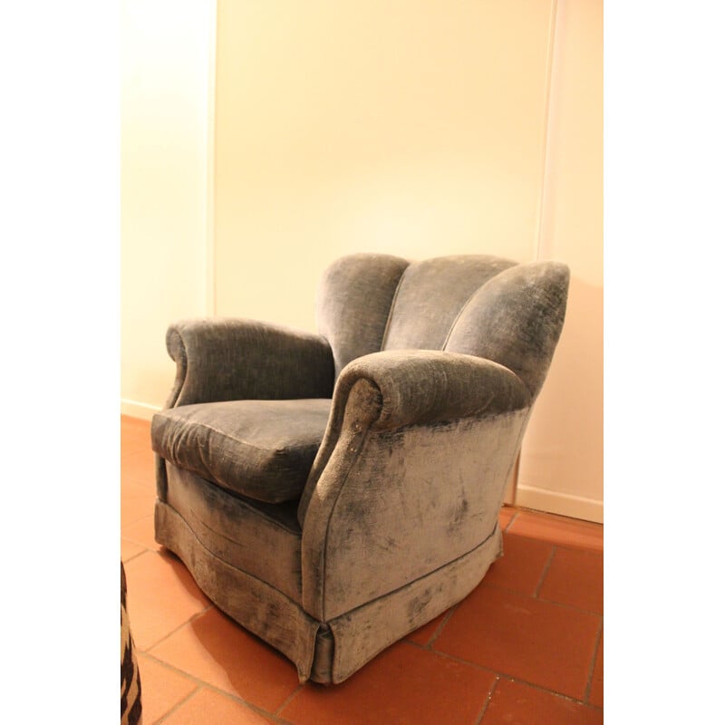 Fauteuil vintage à dossier rond et tissu rétro bleu clair 1950