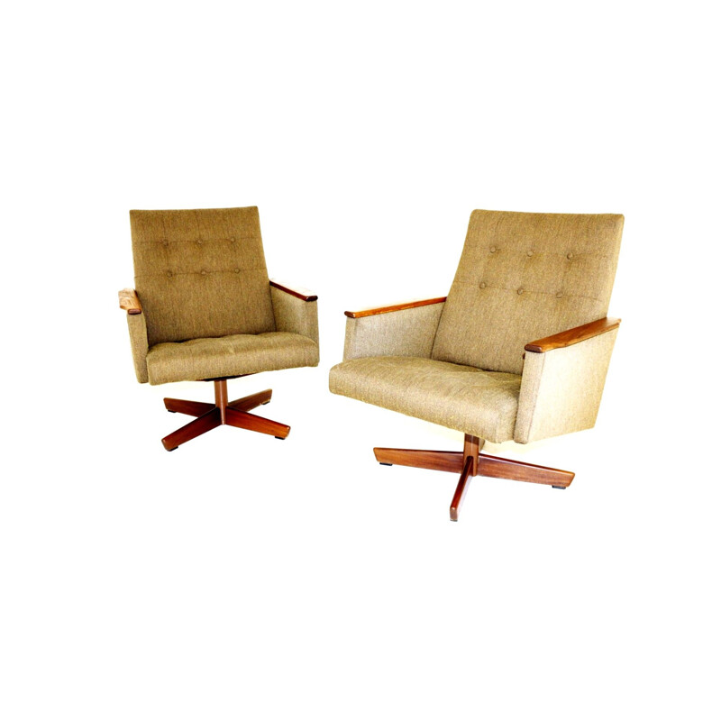 Pair of walnut rotating vintage armchairs, Sweden 1950