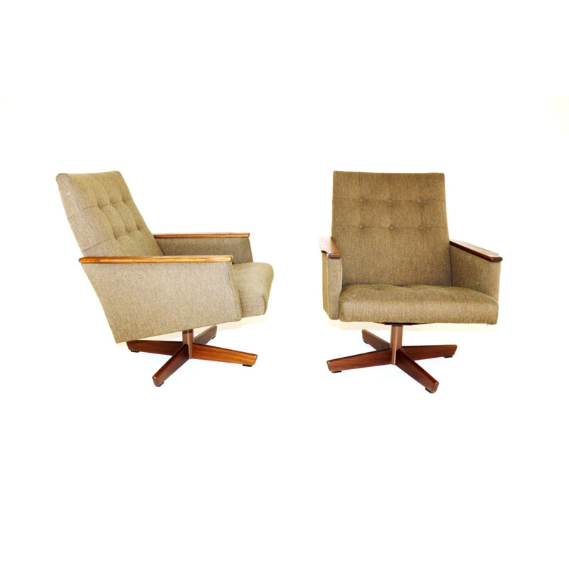 Pair of walnut rotating vintage armchairs, Sweden 1950