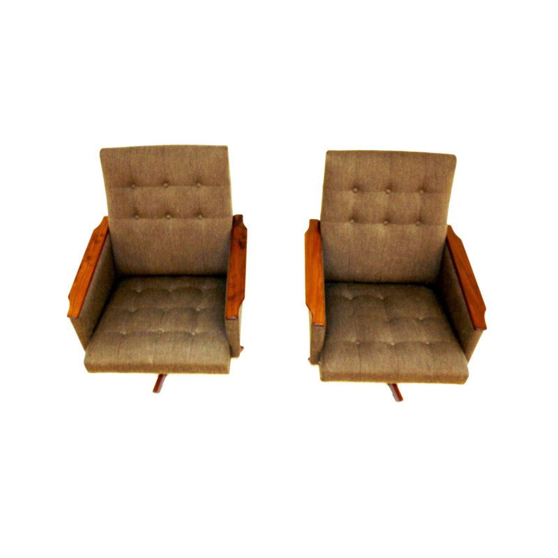 Pair of walnut rotating vintage armchairs, Sweden 1950