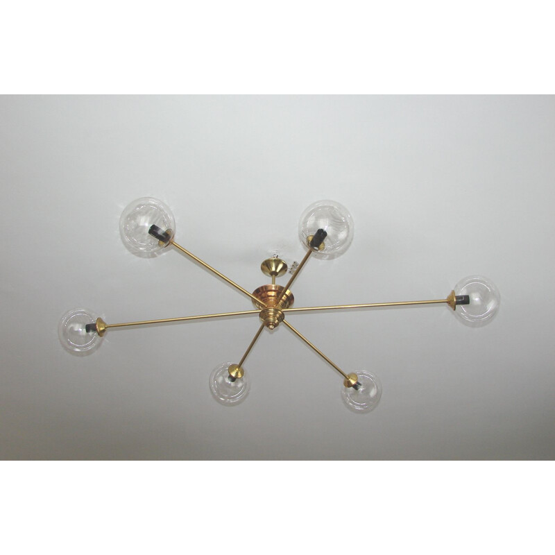 Vitange chandelier,  brass and glass 1960s